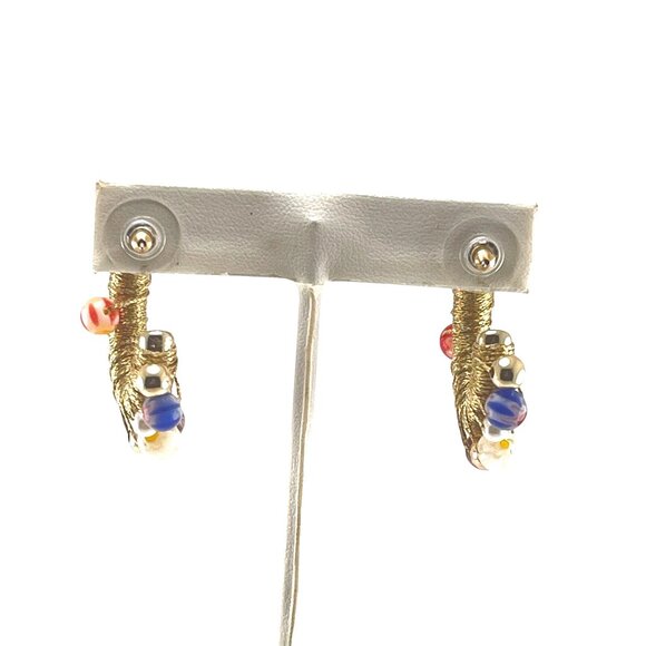 Handcrafted Gold-Tone Beaded Hoop Earrings Colorful Murano Glass Beads & Pearls - Picture 4 of 8